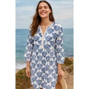 J Jill Printed Blue White Spilt Neck Dress Lined Beachy Coastal XS
